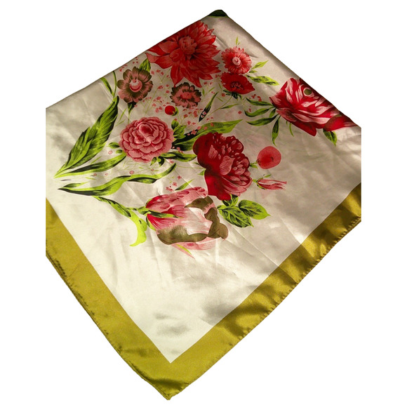 Square Satin like Pink & White Floral Scarf with Gold Trim 35x35 - Picture 5 of 5